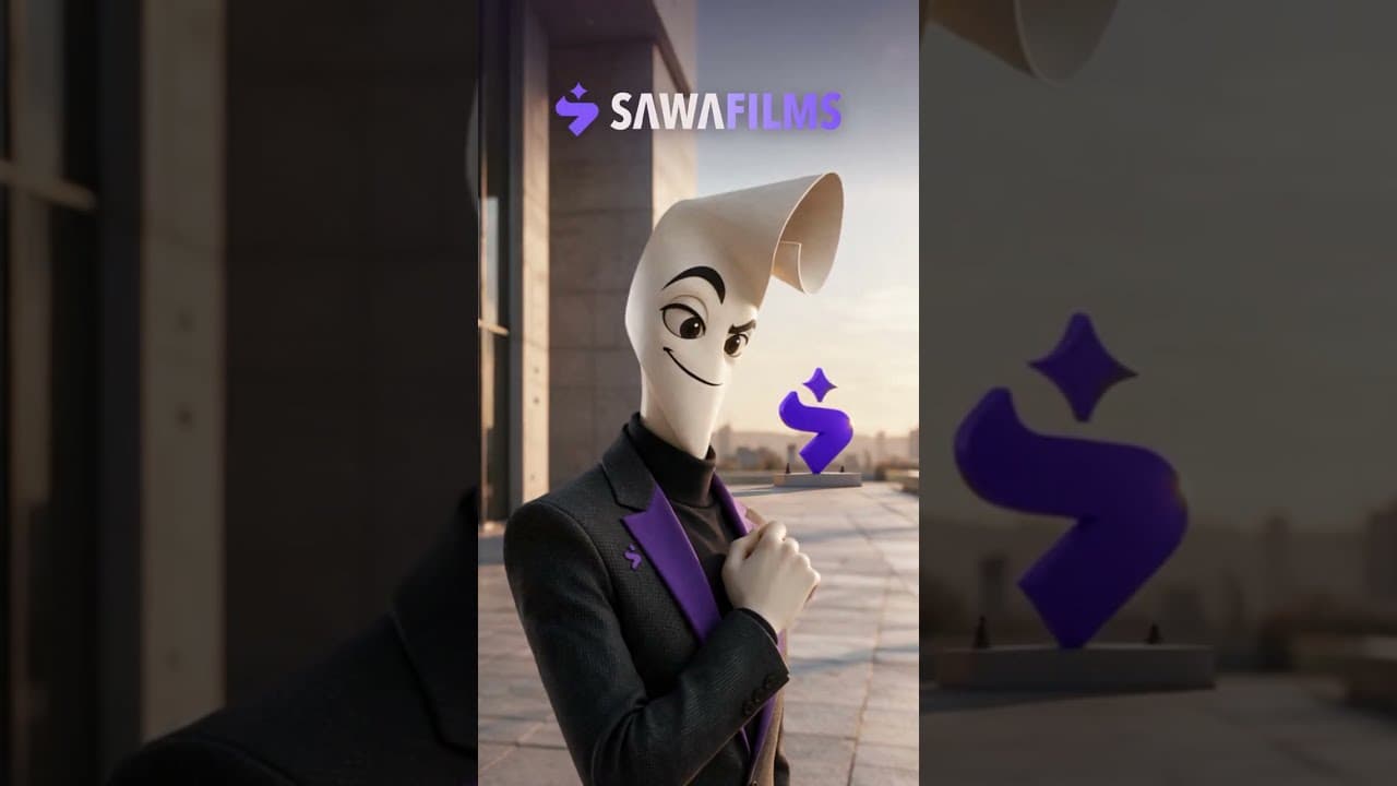 Forced perspective explained: The Director, Sawa Films' animated host, on a rooftop with the Sawa logo