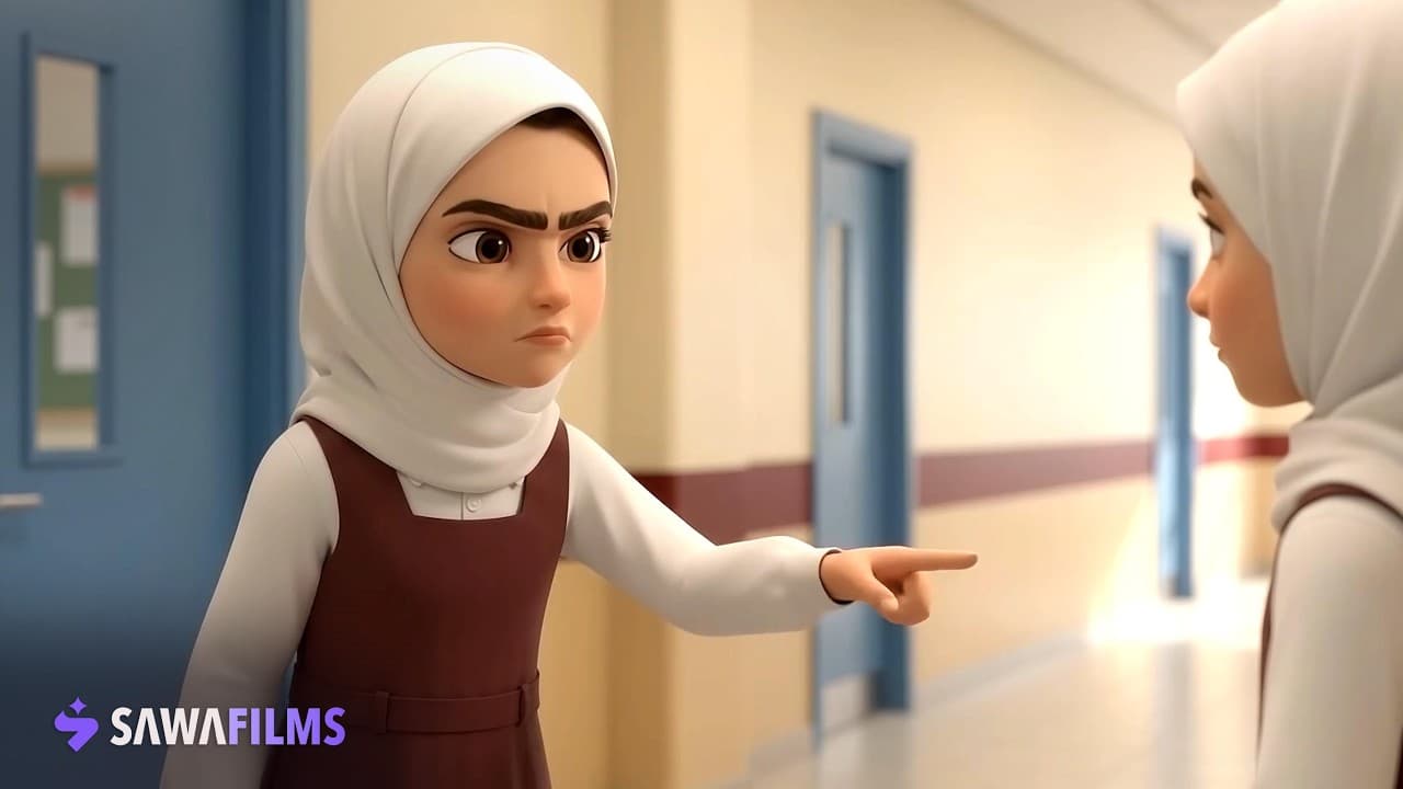 أنيميشن ثلاثي الأبعاد بالذكاء الاصطناعي: طالبة في ممر مدرسة تشير بإصبعها، من فيلم اليوم الدولي للسلام