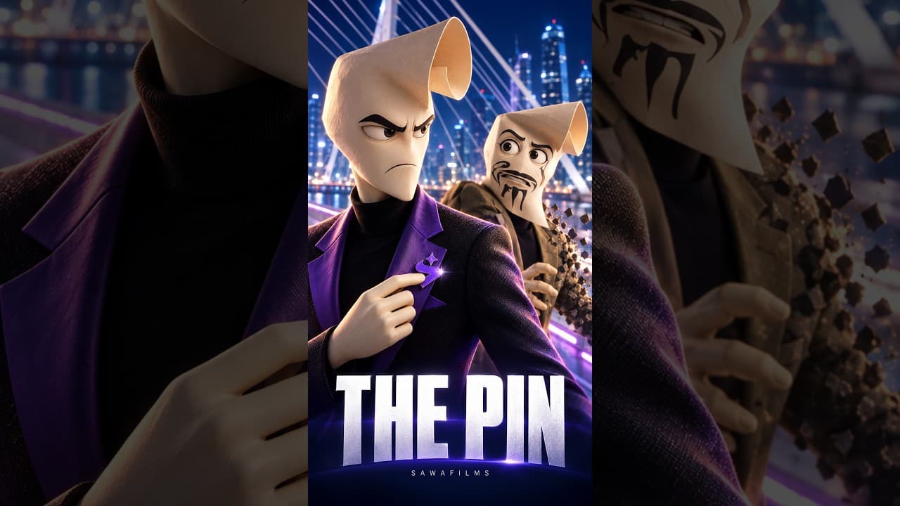 AI 3D action animation The Pin: The Director in a purple suit above a night city, Sawa Films